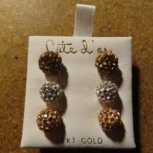 Cote D'Or Earrings: Set Of 3 14K; Yellow, White, Rose; Stud Earrings